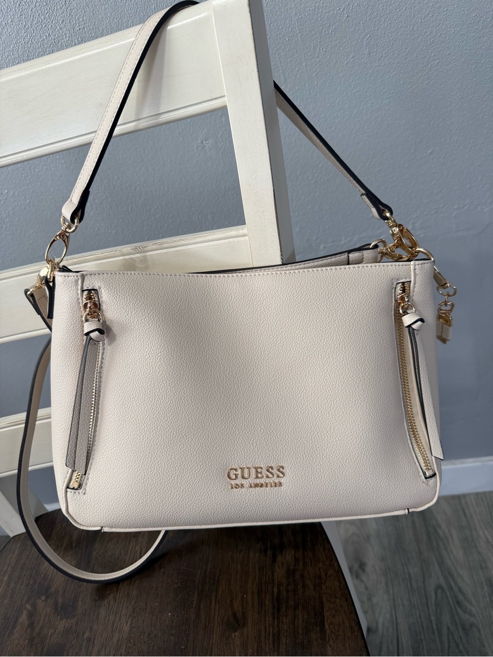 GUESS Cream Pebbled Leather Shoulder Bag with Gold Hardware